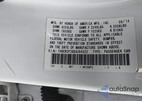 2014 Honda Accord Lx из США, поврежденный, VIN 1HGCR2F36EA264522